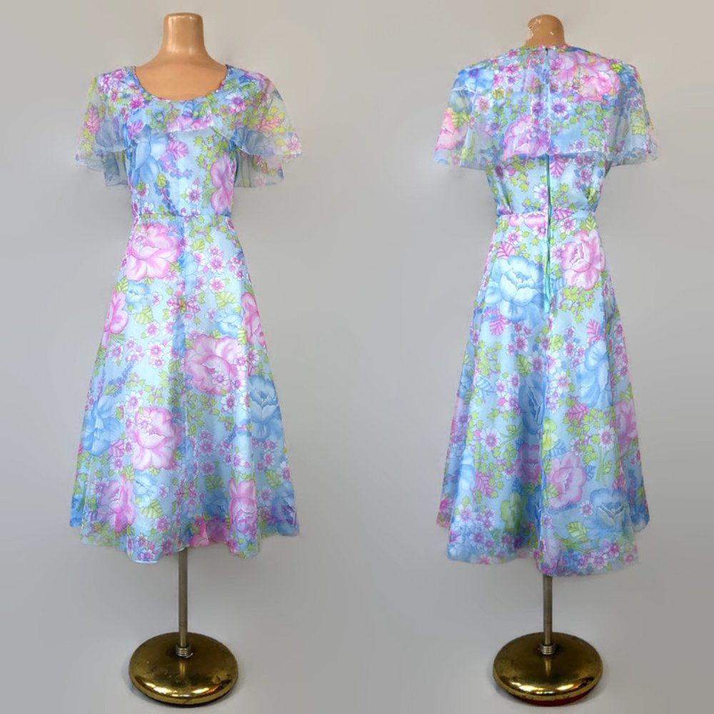 TLC SALE- Vintage 60s 70s Floral Chiffon Day Dress As-Is - Picture 2 of 8